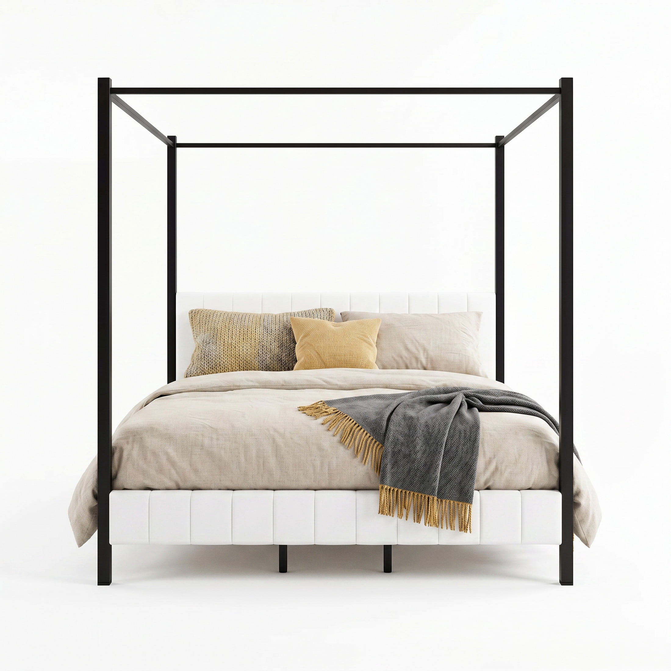 Christopher Knight Home King Canopy Bed, Metal Frame with Upholstered Headboard & Footboard, White+Black
