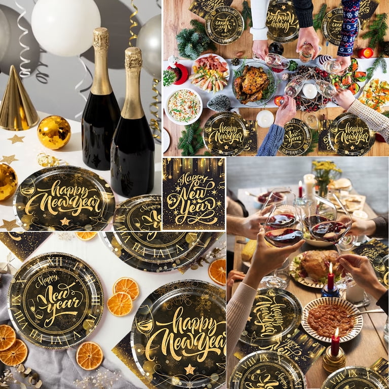 VitalCozy 3-Pack Happy New Year Tablecloths | 54x108 Inch Black & Gold Disposable Plastic Covers | 2025 Party Supplies
