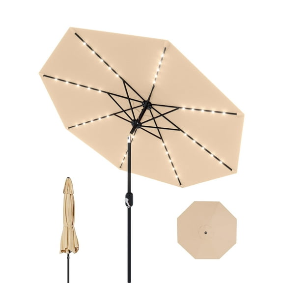 9 Ft Patio Umbrella with Solar Lights, Outdoor Table Umbrella with 32 LED Lights & Tilt Crank, 8 Ribs Market Umbrella for Pool, Deck, Backyard