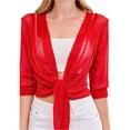 thumbnail image 6 of Women Crop Cardigan Sheer Mesh Shrug for Dress Bolero Tie Front 3/4 Sleeve Tops Red L, 6 of 6