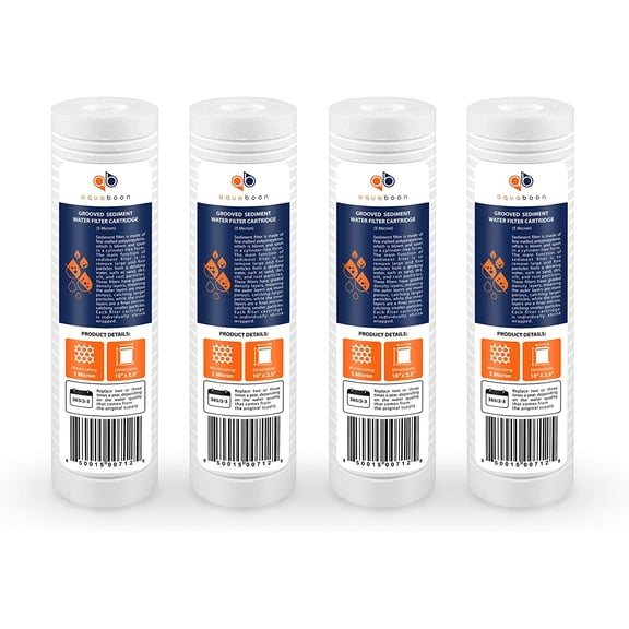 Aquaboon 5 Micron 10" x 2.5" Grooved Sediment Water Filter Replacement Cartridge for Any 10 inch RO Unit | Whole House Sediment Filtration | Compatible with P5, AP110, WFPFC5002, CFS110, RS14, 4-Pack