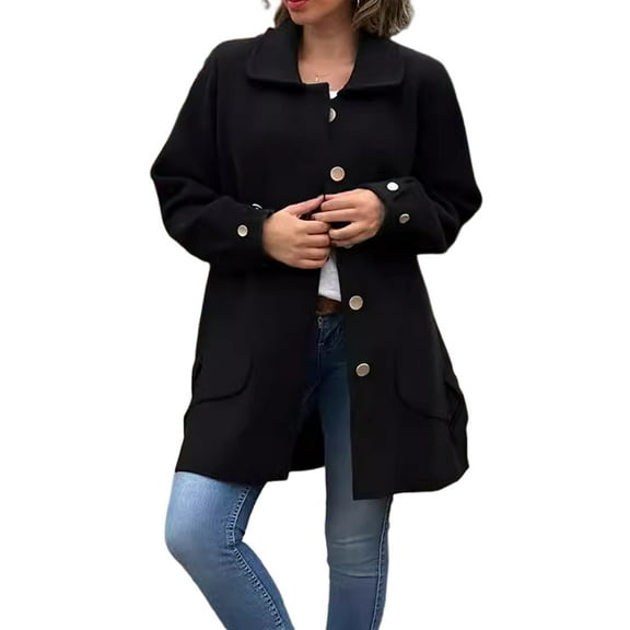 Fall Spring Women Coat Single-breasted Buttons Loose Solid Color Turn-down Collar Cardigan Long Sleeves Dating Commuting Jacket