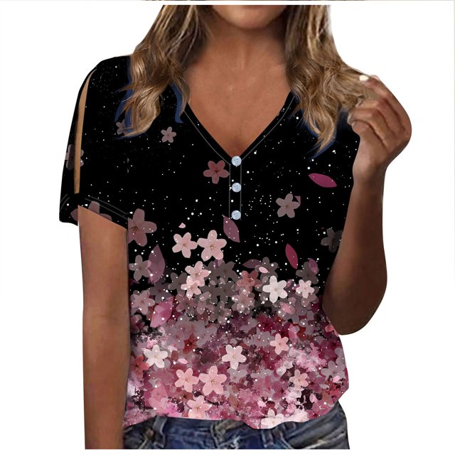 Penkiiy Ladies Tee V-Neck Shirt Button Short Sleeve Blouse Print Tshirt Basic Regular 2024 Spring Tops XL Purple