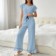 thumbnail image 2 of Tqcoqu Women's 2 Piece Pajama Set, Round Neck Ruffle Short Sleeve Contrast Piping & Drawstring Ruffle Hem Wide Leg Pants, Loungewear Sleepwear for Women, 2 of 6