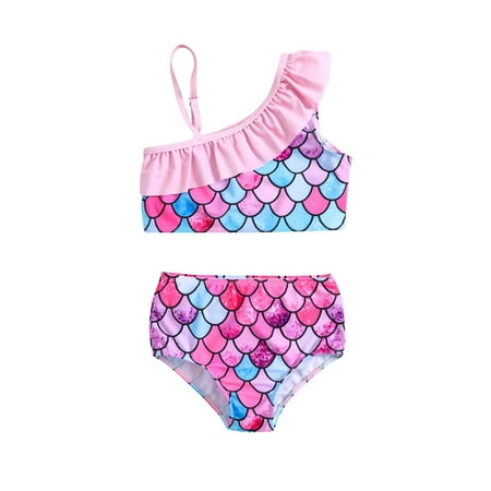 Toimothcn Girls Swimsuits One Shoulder Casual Colorful Fish Scale Printed 2 Piece Bikini Set Quickly Dry Cover Up Swimwear 6-12 Months