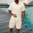 thumbnail image 5 of Men's Summer 2-Piece Set, Solid Color Jacquard Short Sleeve Button-Down Lapel Shirt and Shorts, Lightweight Casual Outfit For Vacation and Beach,Beige,L, 5 of 6