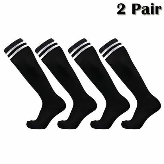 TELOLY Soccer Socks Kids Youth Black 2 Pairs,Solid Striped Knee High Tube Football Athletic Socks for Boys Girls Teen