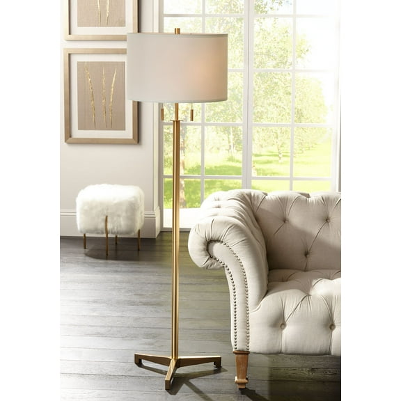 Possini Euro Design Encino Modern Tripod Floor Lamp Standing 60" Tall Brass Gold Metal Off White Fabric Drum Shade for Living Room Bedroom Office Home