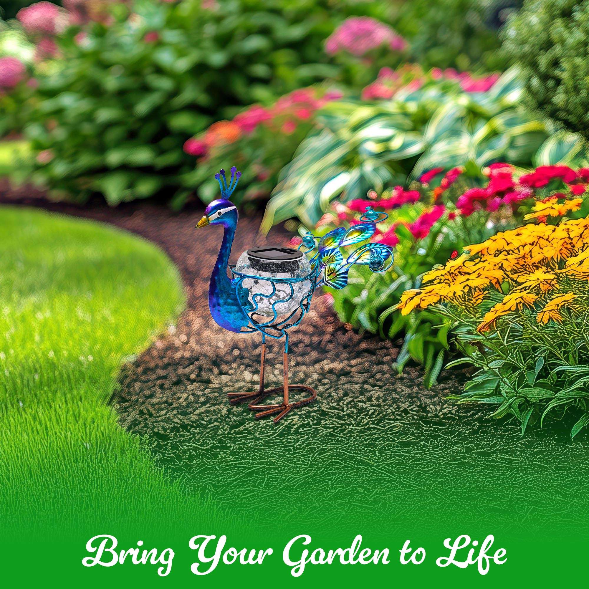 G128 Solar Metal Peacock Statue 12" Waterproof Yard Art with Solar Light for Lawn Patio
