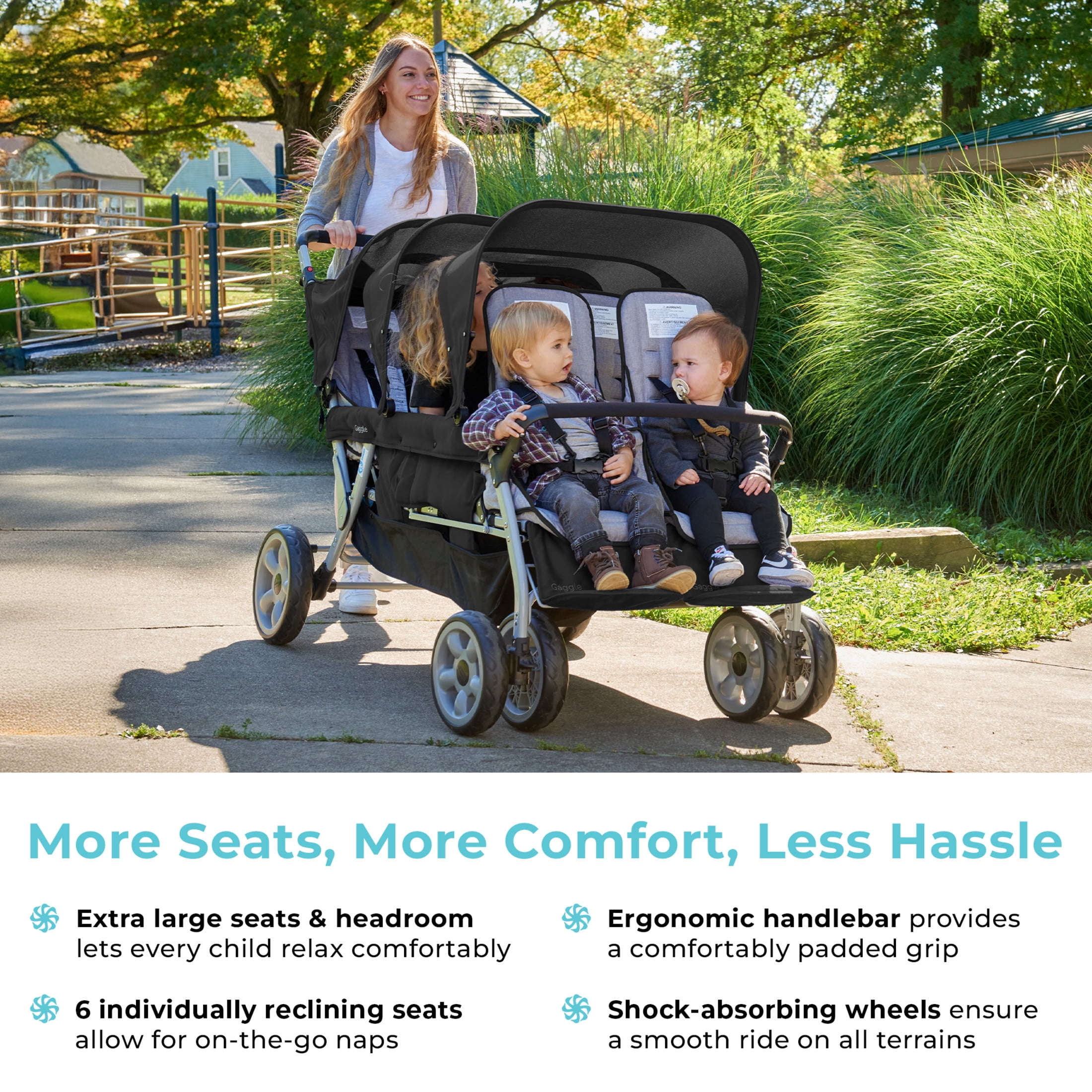 Foundations Gaggle Jamboree 6-Seat Folding Daycare Stroller with Canopies, Reclining Seats, Black
