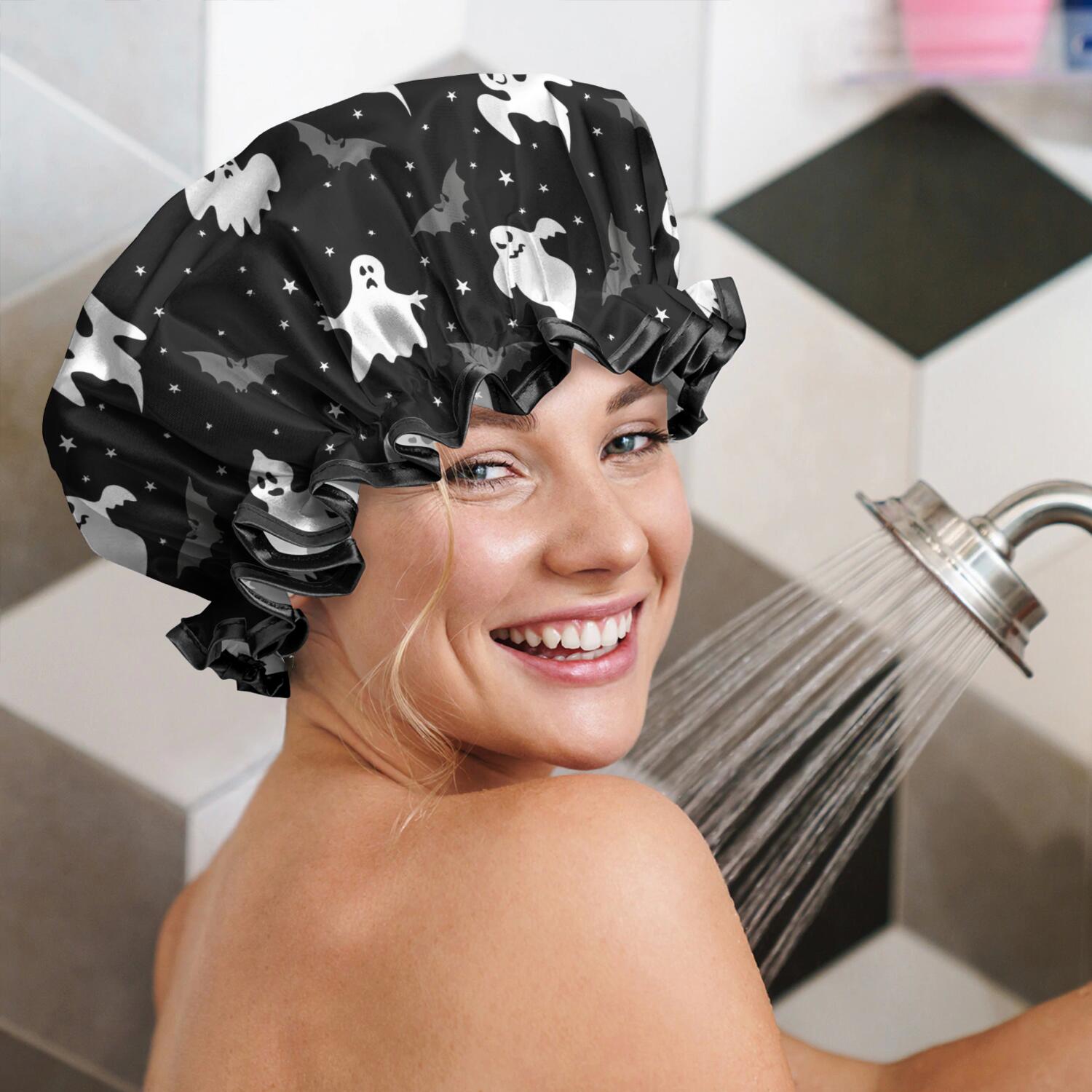 Shower Caps,Black Halloween Ghosts Bats and Stars Waterproof Shower Cap for Women 4 Pieces,Double Reusable Hair Cover for Shower PEVA Elastic Stretch Hem