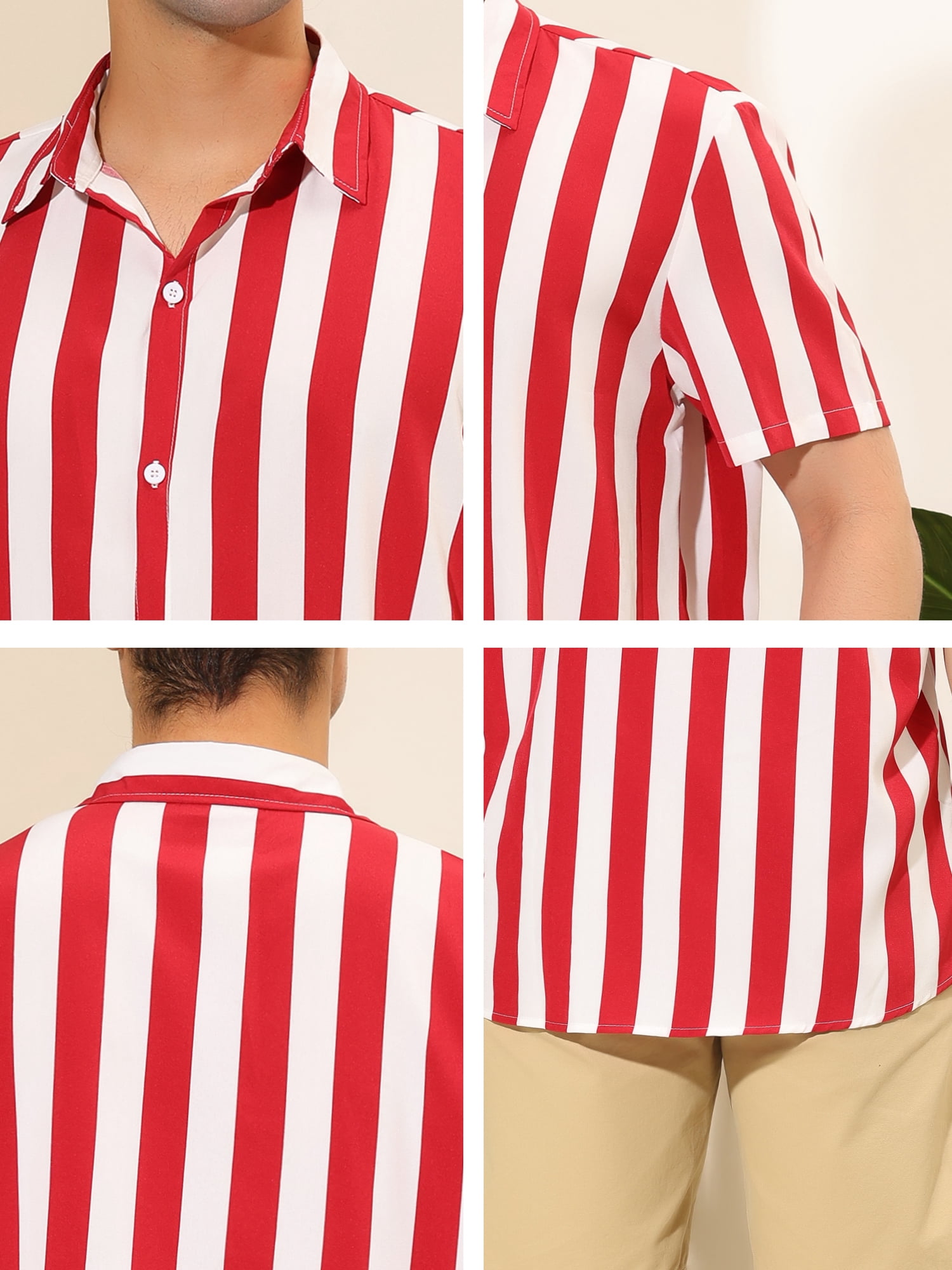 Unique Bargains Men's Short Sleeved Color Block Button Down Beach Stripe Shirt S Red