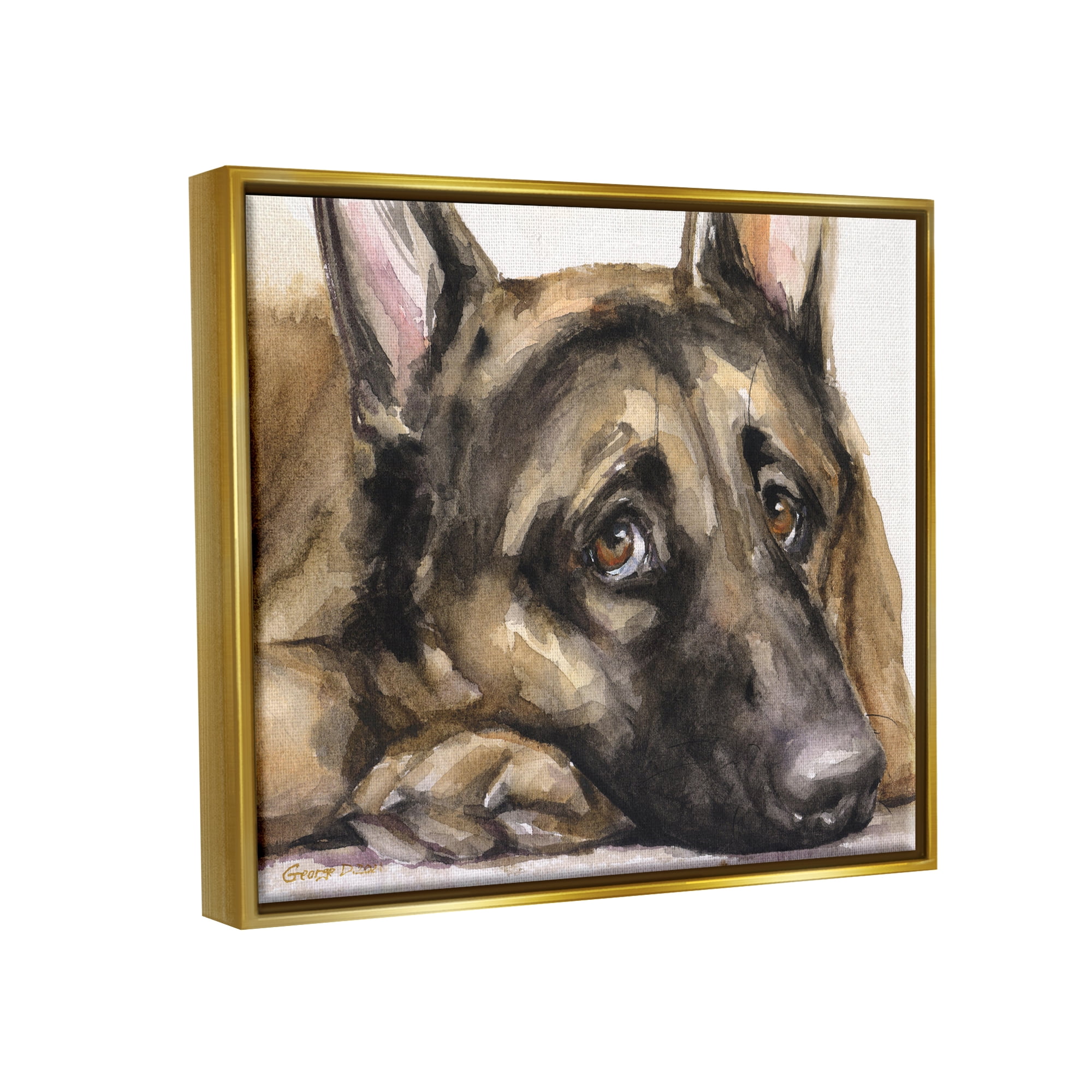 Stupell Industries Tired German Shepherd Dog Resting Head On Paw Painting Metallic Gold Floating Framed Canvas Print Wall Art, Design by George Dyachenko