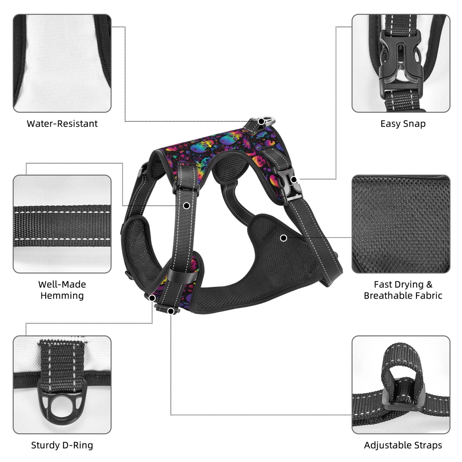 Kdxio mushroom colorful Skull Print No Pull Dog Harness Adjustable Reflective Oxford Easy Control Medium Large Dog Harness for Training and Everyday-X-Large