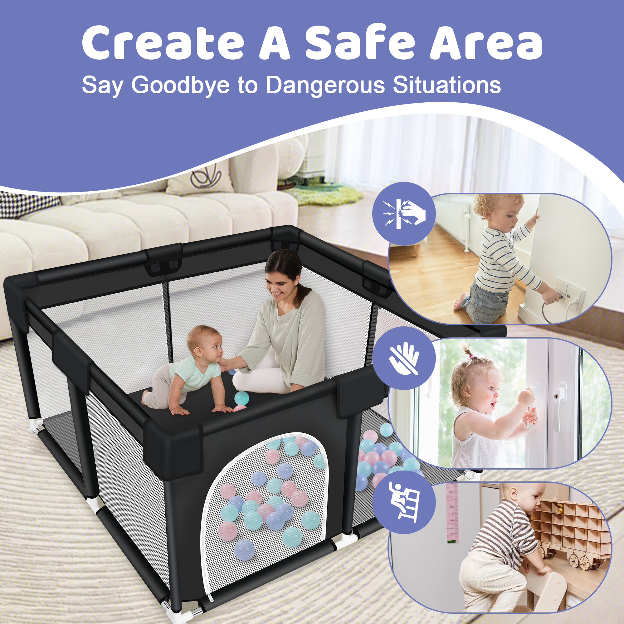 Baby Playpen, HDJ 50*50 inch Baby Play Yard with Soft Breathable Mesh and Anti-Slip Base, Baby Fence Infant Playard for Boy and Girls, Black