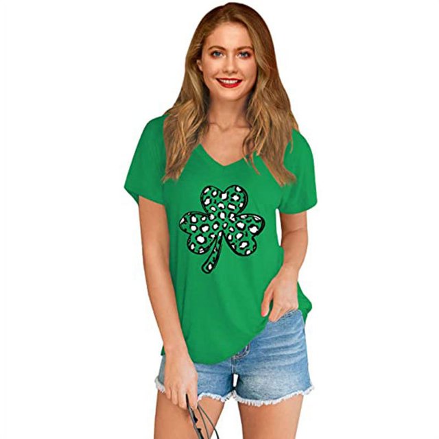 New Womens Four Leaf Clover Print Tops Short Sleeve V Neck Tee T Shirt Printed Side Split Tunic