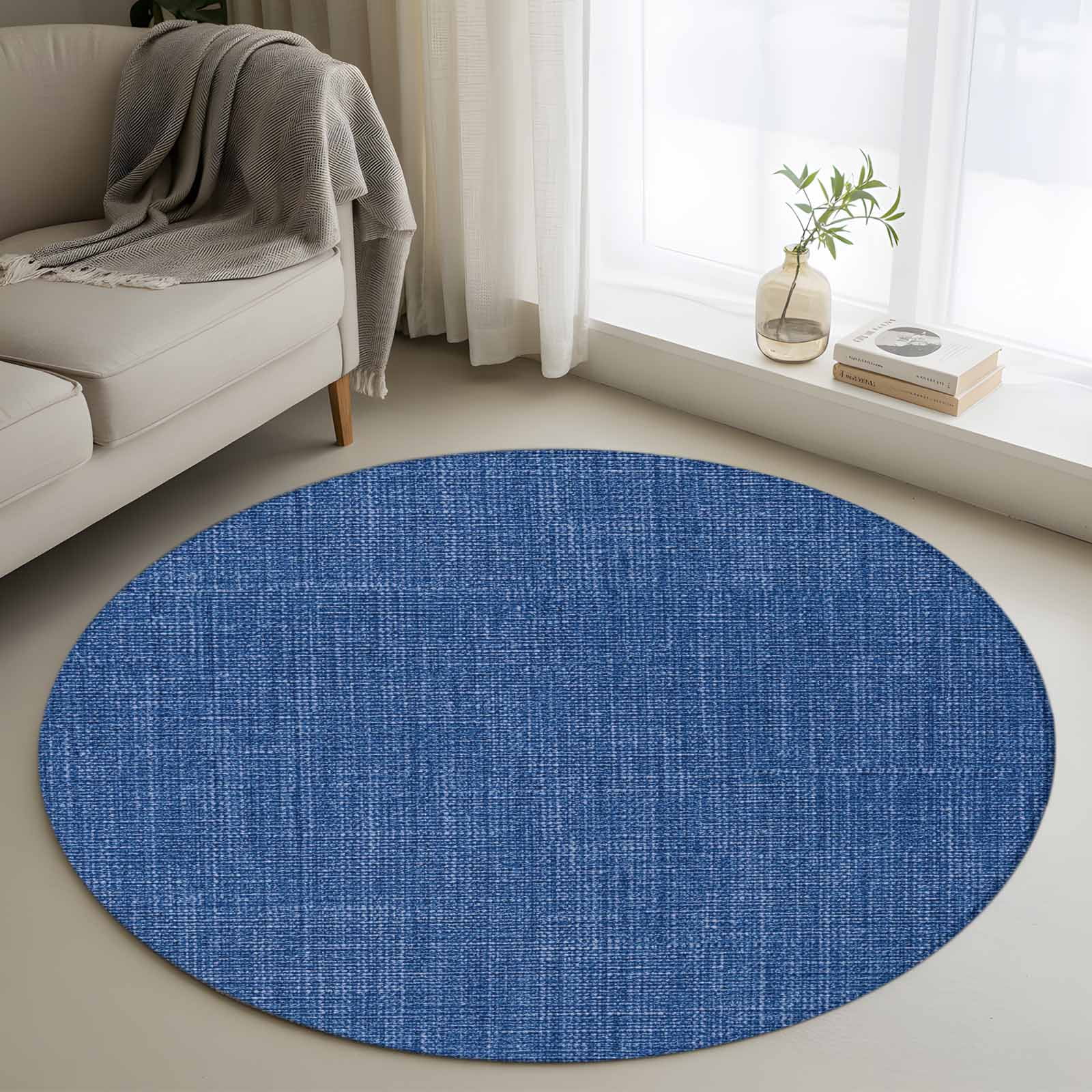 Navy Blue Round Area Rug 3 FT, Small Kitchen Bathroom Mat, Vintage Country Monochrome Farmhouse Washable Indoor Outdoor Throw Runner Carpet Non-Shedding Doormat for Table Shower Sofa Entryway