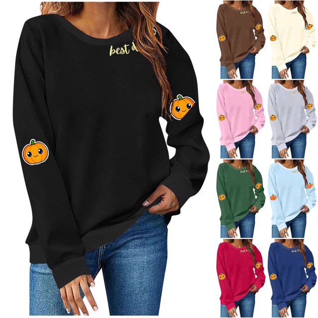 Frostluinai Chandails Molletonnés d'Automne pour Femmes à Manches Longues Joyeux Action de Grâce Chandails à Enfiler Col Rond Chandails Graphiques Citrouille Amusants
