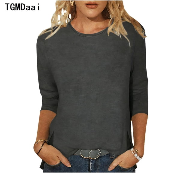 TGMDaai 3/4 Sleeve Tops for Women Summer Crewneck Blouses Side Split Solid Color Tunic Tops