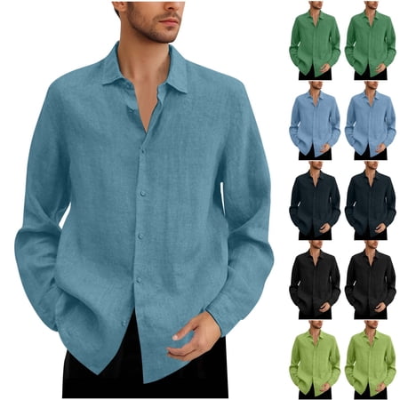 BXINGOHAI Linen Mens Dress Shirts Long Sleeve Linen Dress Shirts for Men Casual Linen Shirts for Men Button Down Shirt Navy L