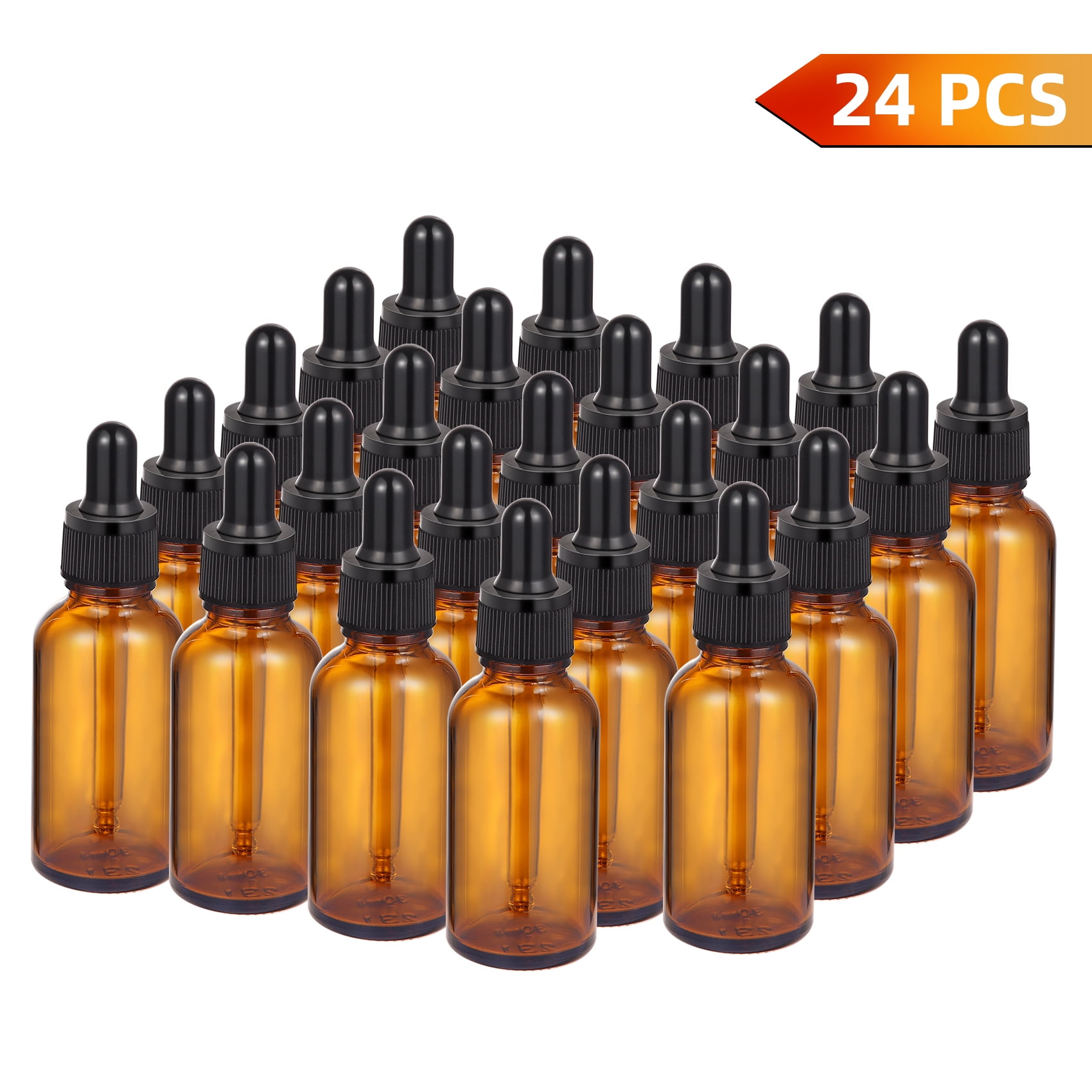 Litake 24 Pcs 1oz Amber Glass Eye Dropper Bottle with 3pcs Stainless Steel Funnels and Long Glass Dropper and Cleaning Brush - 30ml Leakproof Travel Bottles for Liquids Like Essential Oils