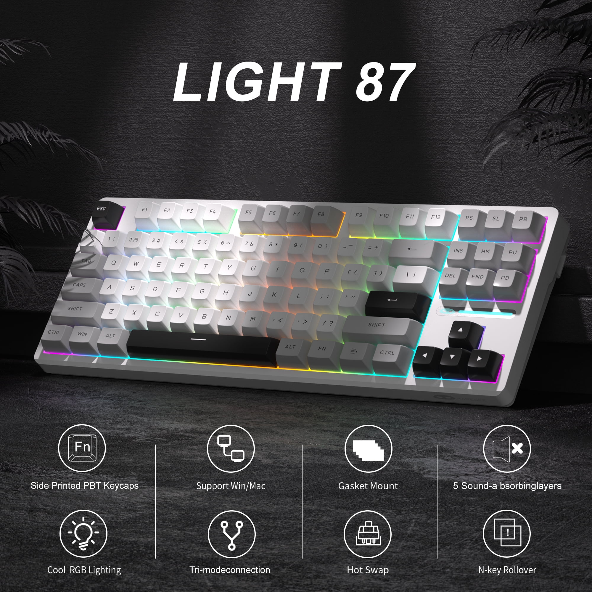 MageGee LIGHT87 Wireless Creamy Keyboard, Gasket Structure, RGB Backlit, 2.4G/USB-C/BT5.0 Hot Swappable 8000mAh