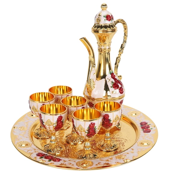 Riousery European Classic Zinc Alloy Wine Kit 8-Piece Drinkware Collection Vintage Metal Cups Pot Tray Set for Display Whiskey Tequila Cocktails Gold White Red (10.63 in / 27 cm)