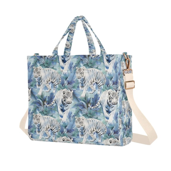 FORMRS Womens Corduroy Tote Bag Crossbody Shoulder Purse Handbag with Detachable Strap, White Tiger Pattern