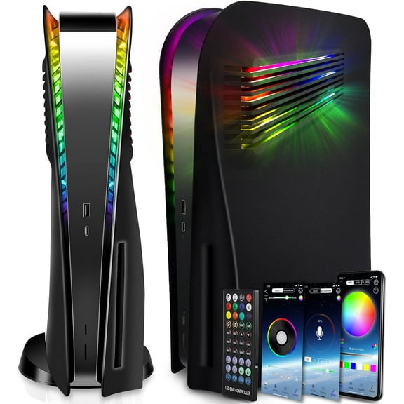 Console Plate with Vent and RGB LED Light Stripfor PS5 , Accessories 400  Effects LED Light Ring Console Cover for PS 5, Side Plate for PS5 Hard Shockproof Anti-Scratch Shell Black