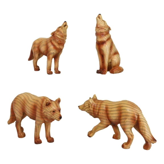 Pack of 4 Full Moon Howling Scouting Pose Alpha Gray Wolf Faux Wood Figurines