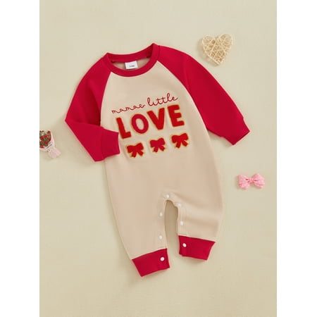 

Mama s sunshine Baby Girls Jumpsuit Long Sleeve Crew Neck Embroidery Letters Bow Casual Romper Valentine’s Day Clothes