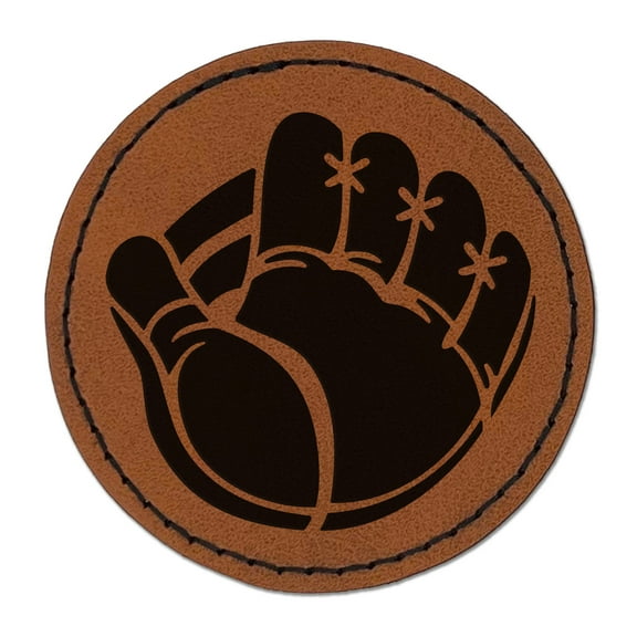 Baseball Catchers Mitt Gloves 2.5" Faux Leather Round Engraved Iron-On Patch - Brown
