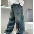 thumbnail image 4 of XIMIN Teen Boys Denim Jeans Pants Casual Baggy Wide Leg Cargo Pants Drawstring Elastic Waistband Loose Fit Lightweight Casual Trousers Streetwear (11-12 Years, Blue), 4 of 8
