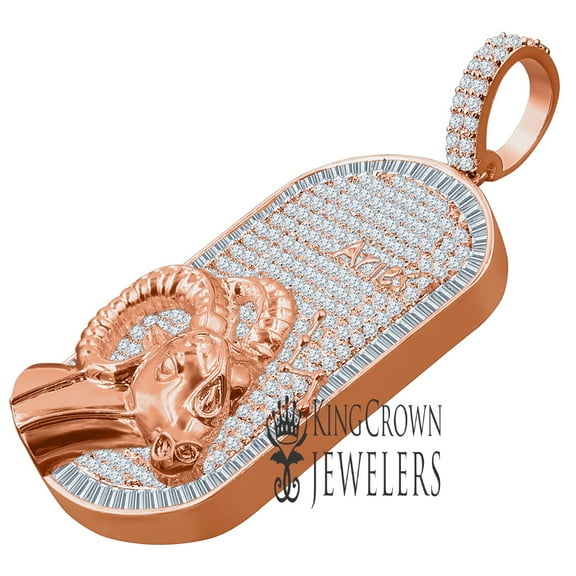 Unisex 14K Rose Gold Finish Aries Ram Zodiac Sign Astrology Horoscope Charm Baguette & Round Cut Diamond Pendant