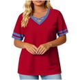 thumbnail image 2 of FRSASU Women's Plus Size Tops Loose Fit Dressy Short Sleeve Color Block V-Neck Criss Cross Soft Casual Basic Tee Red-A, 2 of 5