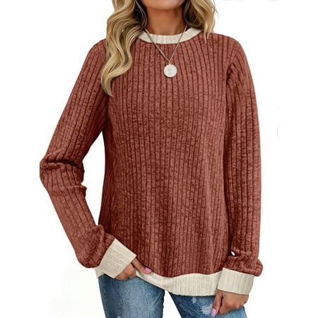 MOSHU Color Block Sweaters for Women Crewneck Long Sleeves Fashion Tops Pullover Fall Lightweight Women Sweaters