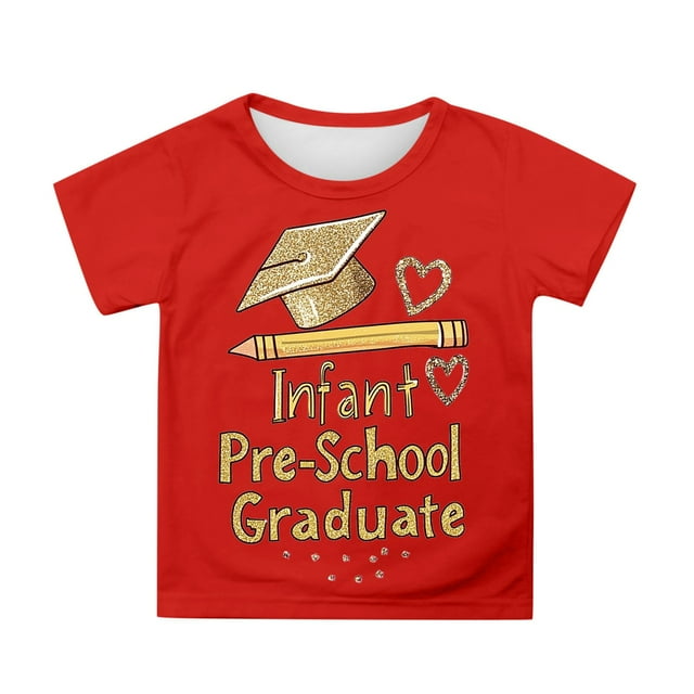 Toddler Girls Short Sleeve T Shirt With Cute Cartoon Print Crewneck Top Graduation Photo Tee For Kids Size 4-5T