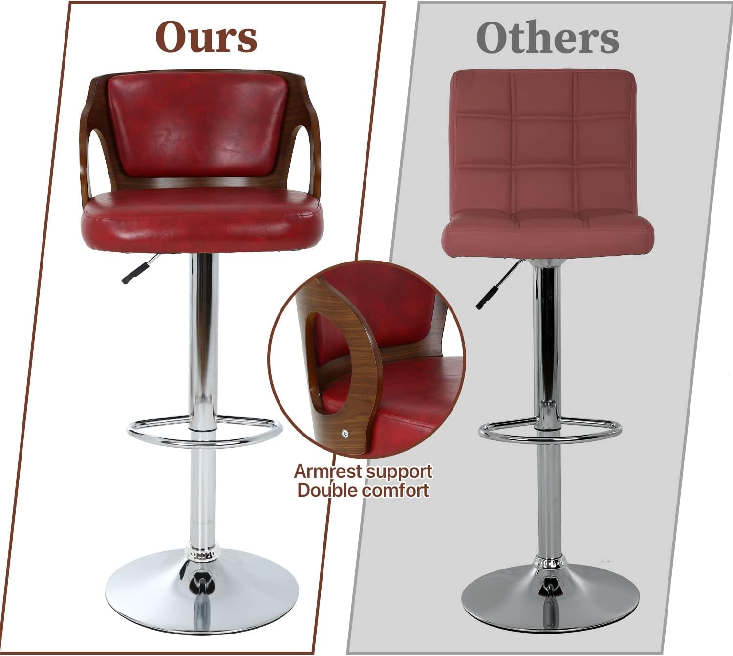 Dkelincs Bar Stools Set of 2, Adjustable Counter Height Stool Swivel Kitchen Dining Chairs with Backrest & Arms, Red