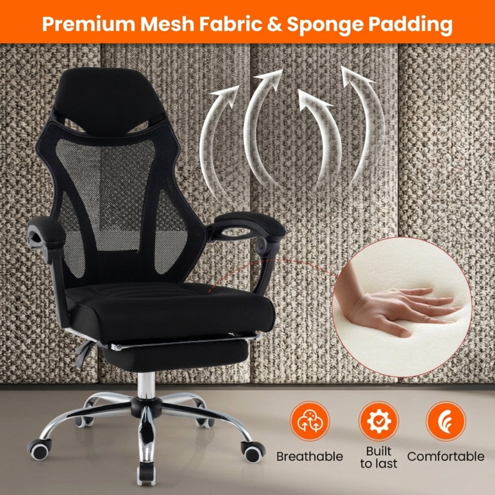 Furnibear Ergonomic Mesh Office Chair High Back Breathable Computer Chair with Retractable Footrest Tilting Backrest and Headrest, Black