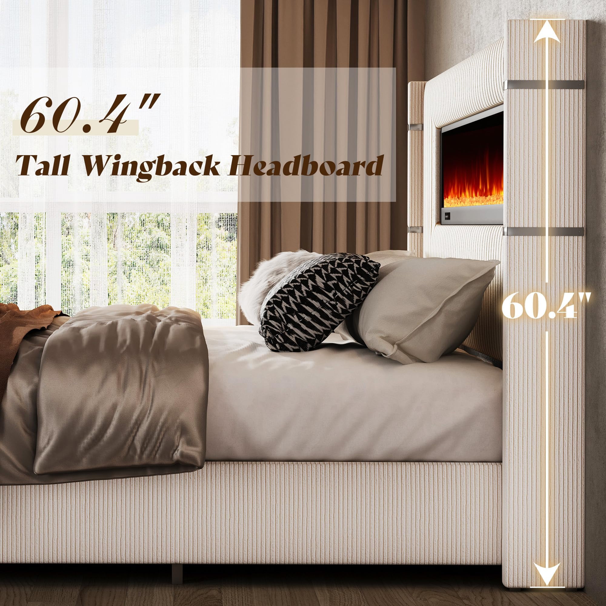 Merluxy Modern California King Size Bed Frame with Fireplace and Tall Headboard, Corduroy Upholstered Wingback Platform, Beige