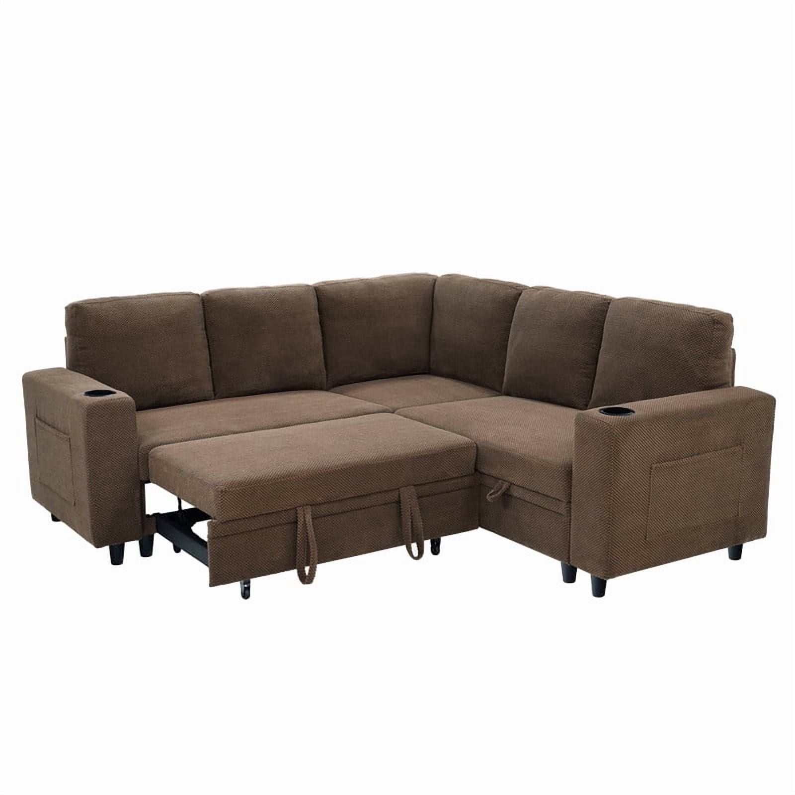 L-Shape Sectional Sofa with Pull-Out Sleeper Bed, Storage Chaise, Cup Holders & Side Pockets, Convertible Corner Sofa Couch for Living Room, Apartment & Guest Room