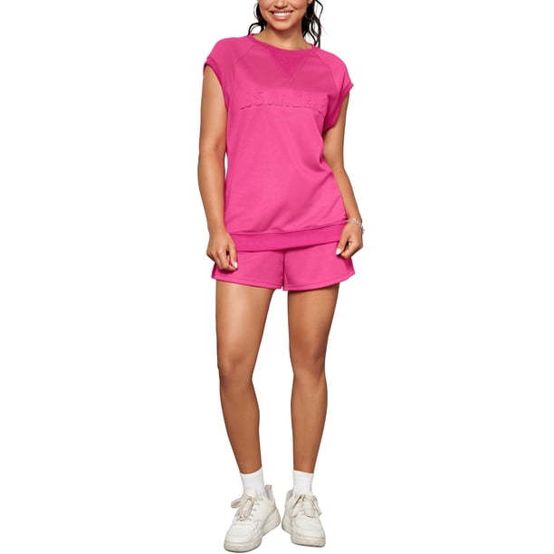 Conjunto de dos piezas casual de verano para mujeres con mangas cortas y cuello redondo, pantalones cortos con cintura elástica L Rosa intenso