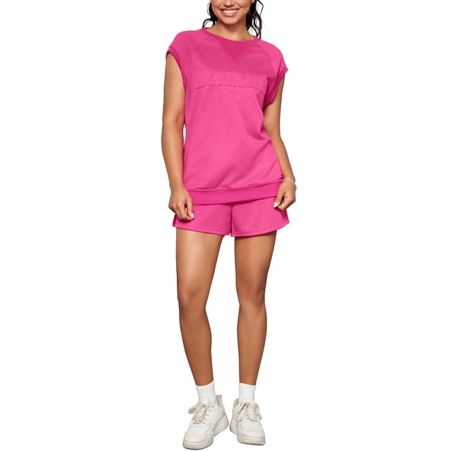 Conjunto deportivo de 2 piezas para mujer ATHLECHIC, con camiseta de manga corta y cuello redondo, pantalones cortos con cintura elástica, color rosa intenso, talla XL