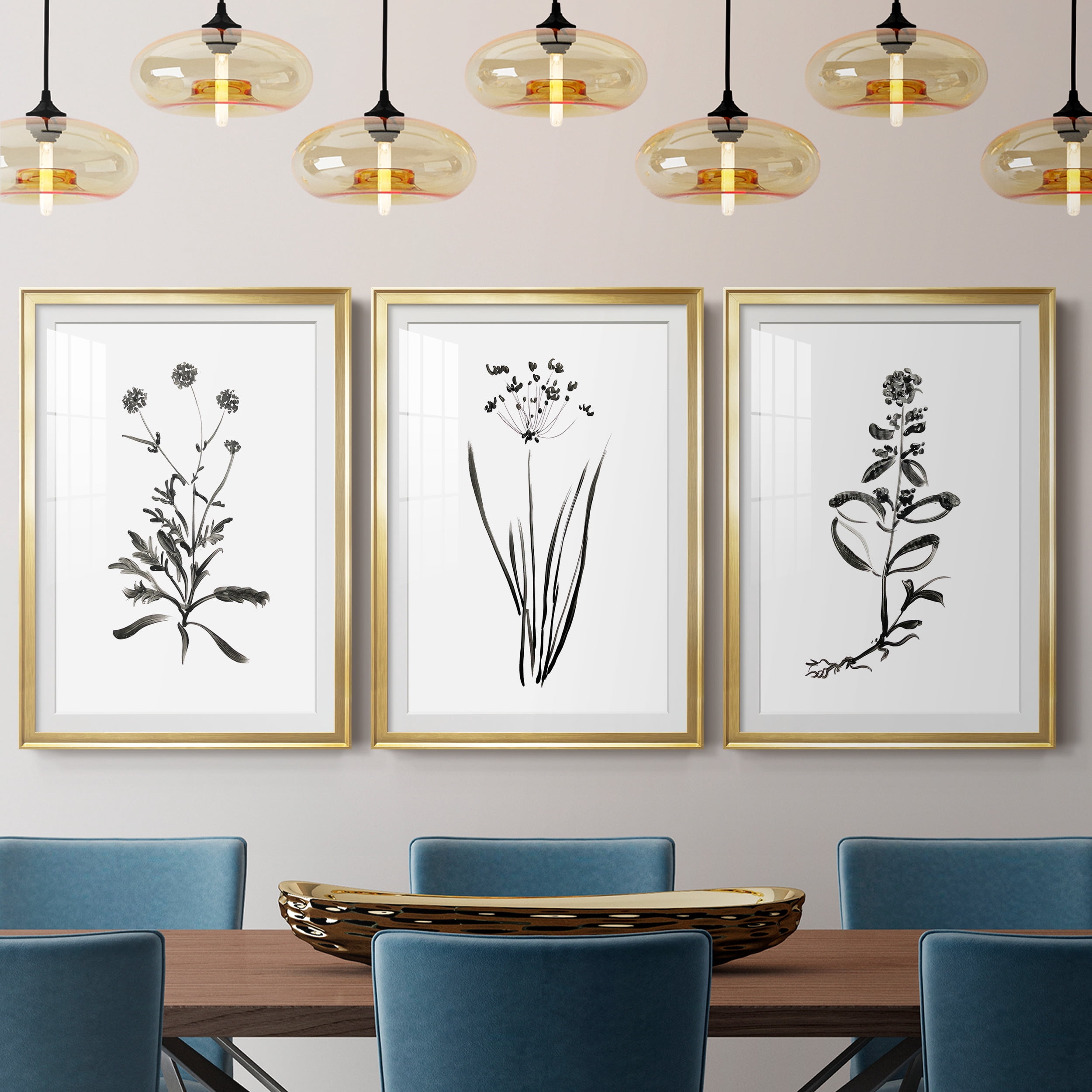 Inky Botanical I Premium Framed Prints Set of 3 - Ready to Hang - 26.5 x 36.5 Each - Gold Frame