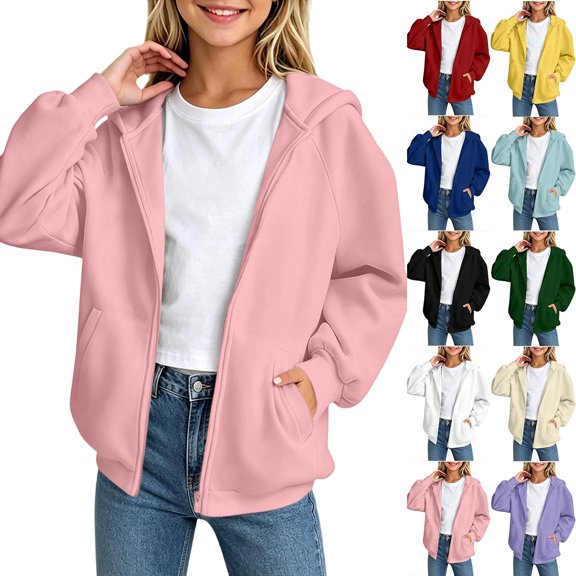 Chiccall Kids Raglan Sleeve Hooded Zip Jacket Multiple Solid Color Loose Lightweight Everyday Vacation Outdoor Basic Outer Hooded Zip Jacket for Girls