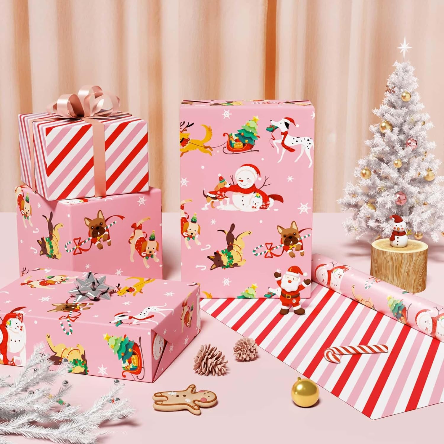 Dog Christmas Wrapping Paper Roll - 1 Roll 17”x 33 ft Pink Puppy Christmas Wrapping Paper Reversible Red Candy Cane Stripe Gift Wrap for Kids Adults Xmas Winter Puppy Party Celebration