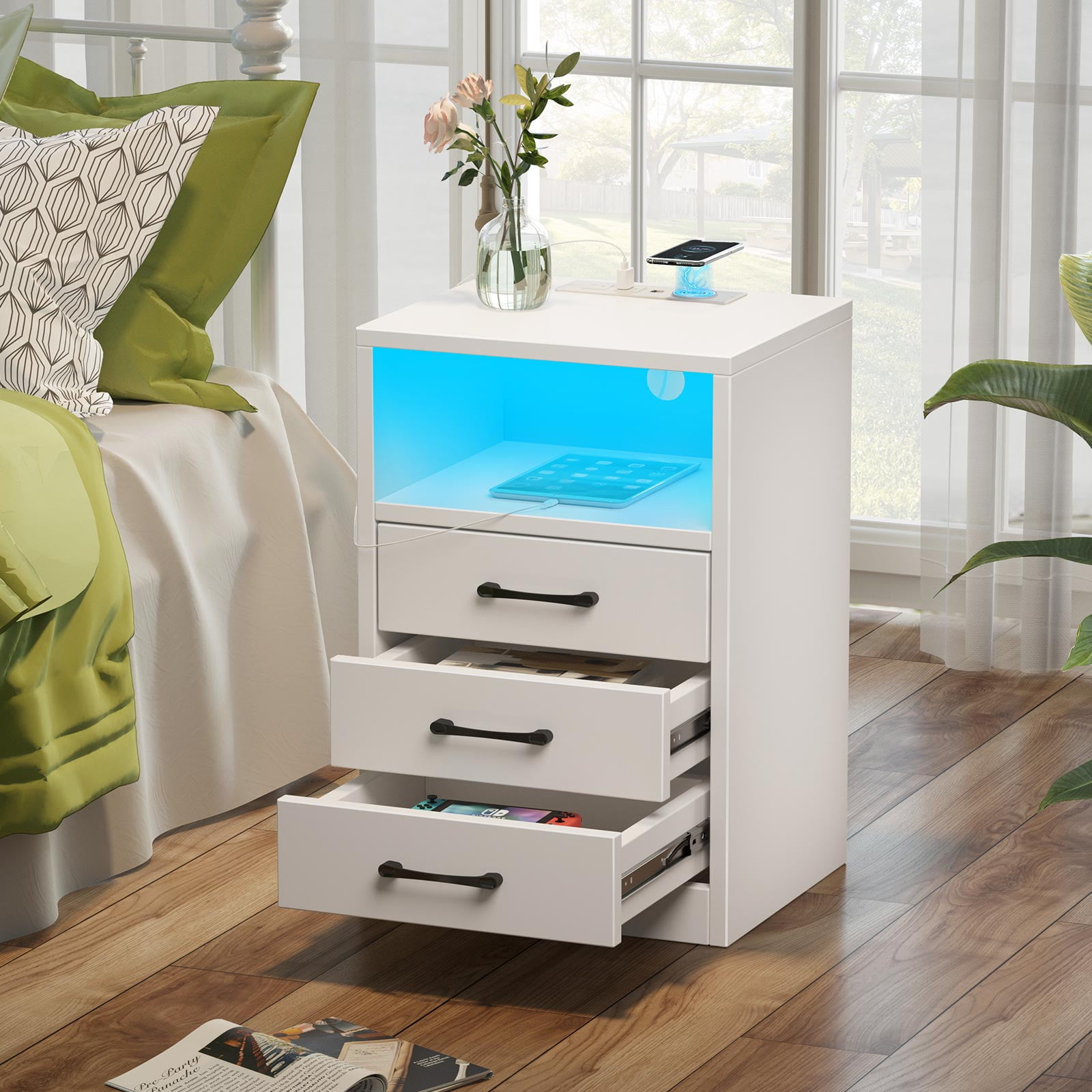 Rolanstar Nightstand with Wireless Charging Station, Tool Free Quick