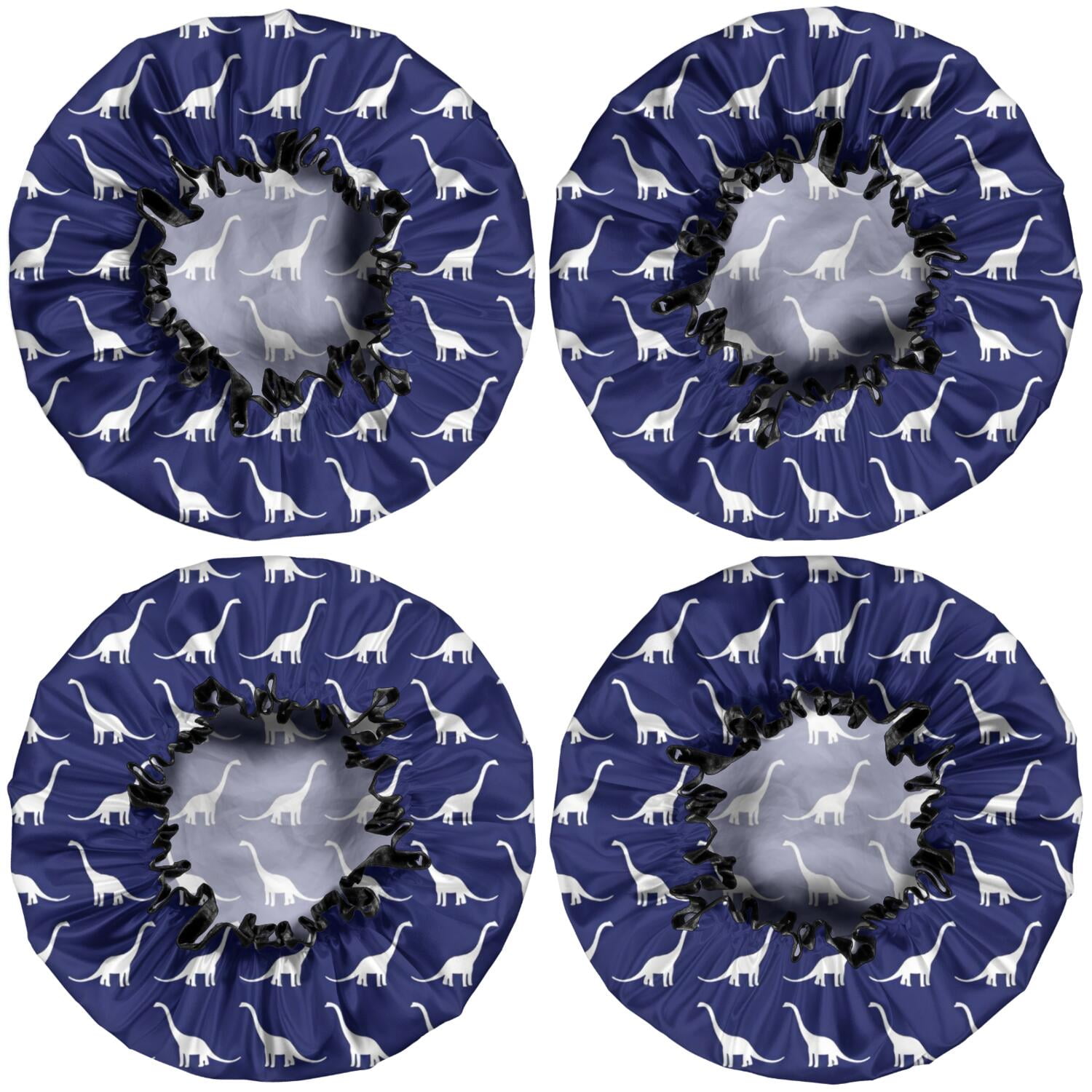 Shower Caps,DarkBlue White Dinosaurs Silhouettes Pattern Waterproof Shower Cap for Women 4 Pieces,Double Reusable Hair Cover for Shower PEVA Elastic Stretch Hem