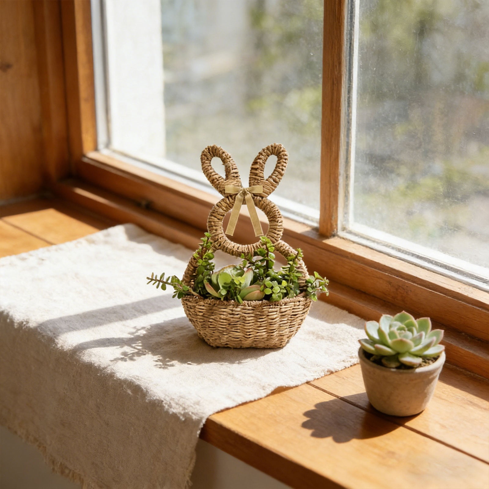 ERTZAE Natural Rope Woven Craft,Durable Natural Rope Woven Basket,Easter Bunny Design Planter,Festive Holiday Decoration,Beige Rope Woven Bunny Flower Basket 16x8Inch,Easter Planter & Storage Decor