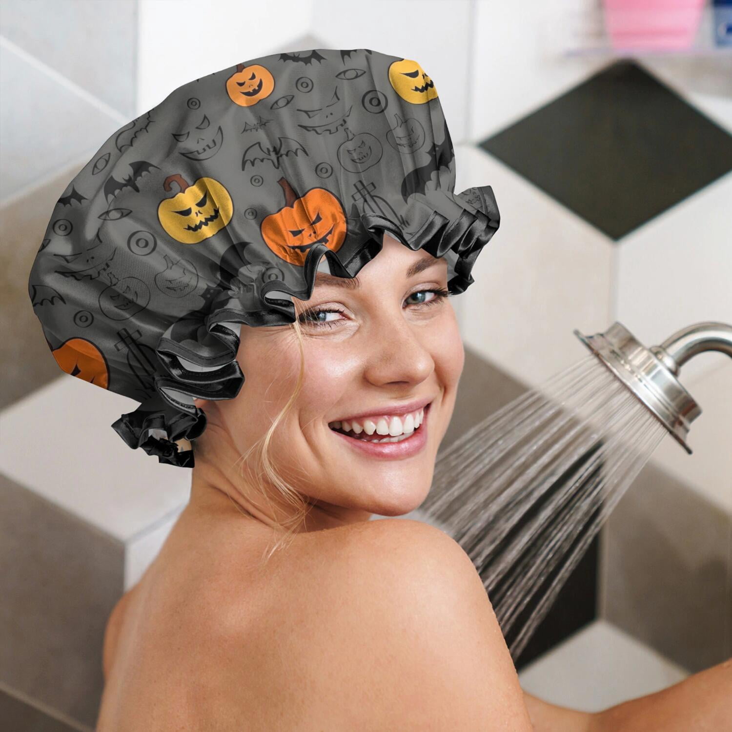 Shower Caps,Gray Halloween Pumpkins Bats and Faces Waterproof Shower Cap for Women 4 Pieces,Double Reusable Hair Cover for Shower PEVA Elastic Stretch Hem
